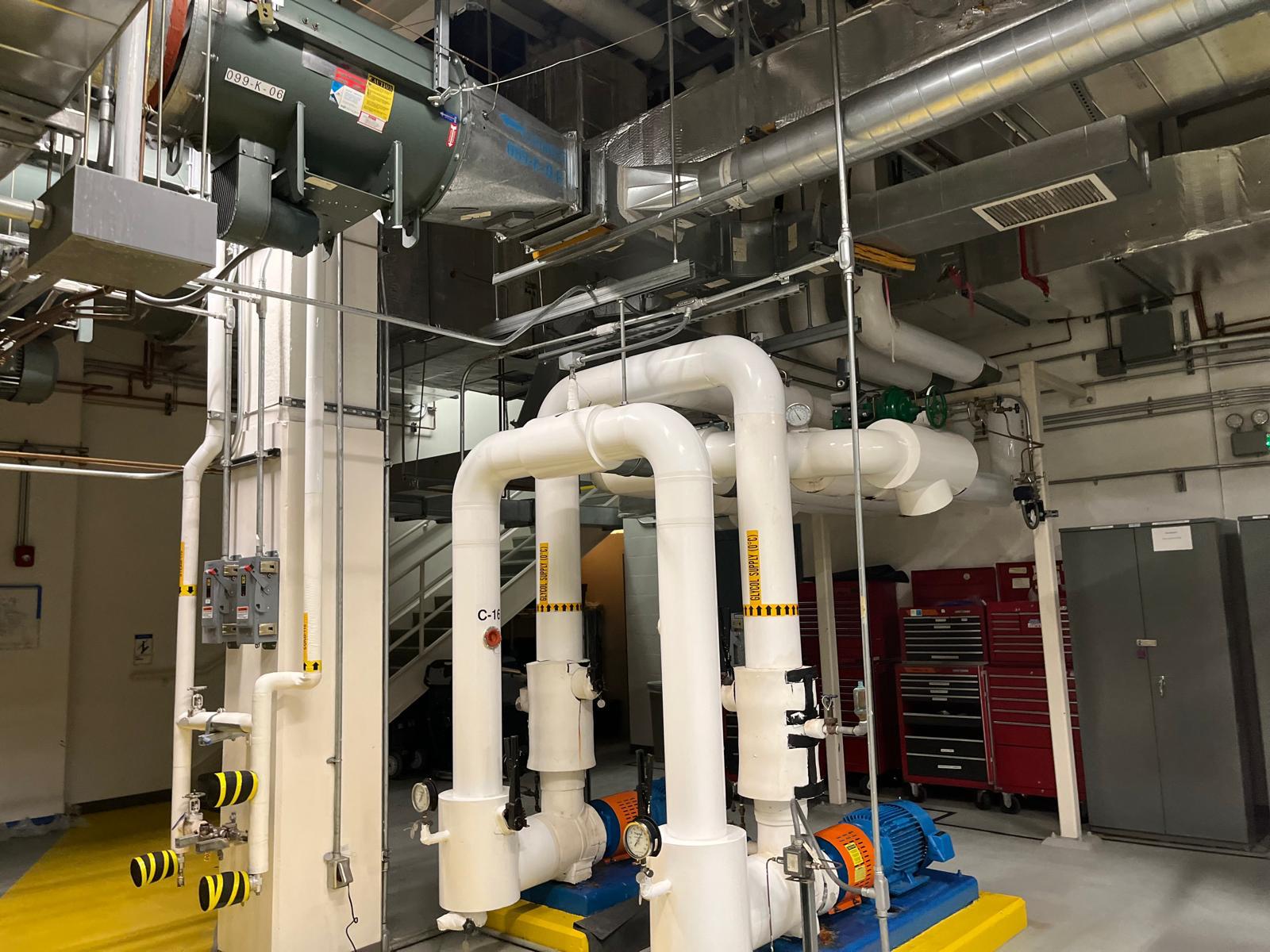 Insulated piping loops and pumps in a mechanical room